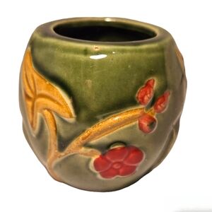 Vintage Glazed Green Ceramic Mini Vase Planter W/Red Flowers Golden Brown Leaves
